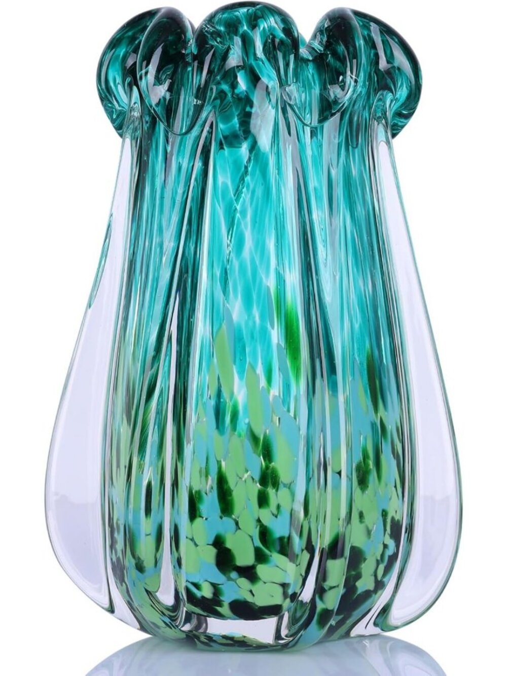 Handmade 9.8" Emerald Green Art Glass Vase - Unique Wavy Rim, Modern Home Decor